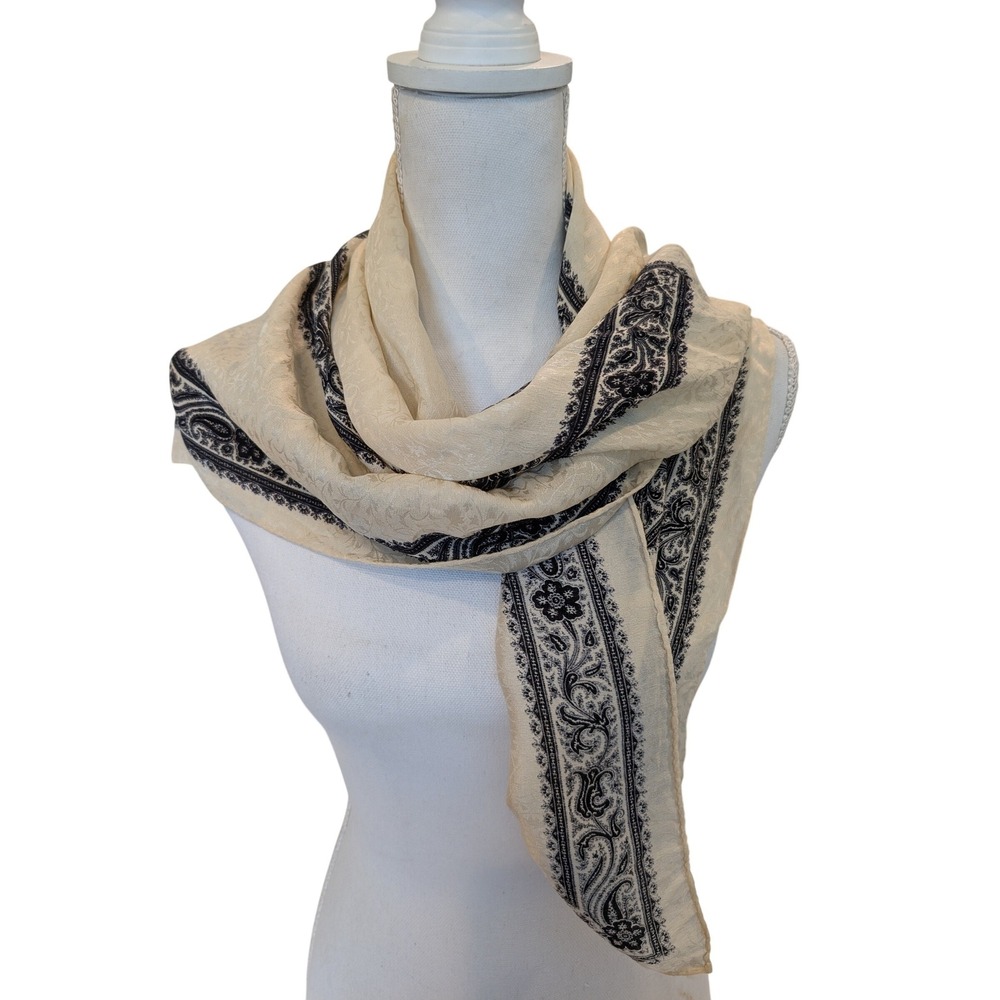 Echo Scarf Cream Black Paisley Floral Jacquard Silk Blend Lightweight Wrap